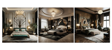 elegance art deco bedroom interior design ai generated. luxury aesthetics, retro glamor, sophistication furniture elegance art deco bedroom interior design illustrationの素材