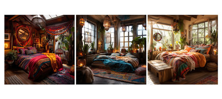 style bohemian bedroom interior design ai generated. boho eclectic, free-spirited colors, patterns textiles style bohemian bedroom interior design illustrationの素材