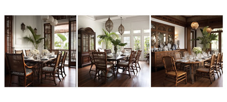 vintage british colonial dining room interior design ai generated. elegant classic, colors wooden, furniture luxury vintage british colonial dining room interior design illustrationの素材