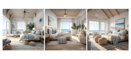 style coastal bedroom interior design ai generated. beachy ocean-inspired, relaxed natural, elements textures style coastal bedroom interior design illustrationの素材