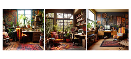 decor bohemian home office interior design ai generated. style boho, eclectic free-spirited, colors patterns decor bohemian home office interior design illustrationの素材