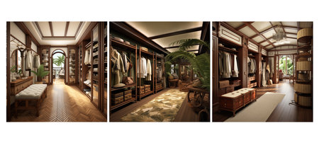 decor british colonial walk in closet interior design ai generated. style classic, neutral colors, wooden furniture decor british colonial walk in closet interior design illustrationの素材