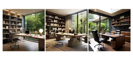 decor contemporary home office interior design ai generated. style modern, clean lines, minimalist neutral decor contemporary home office interior design illustrationの素材
