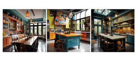 style eclectic kitchen interior design ai generated. mix-and-match diverse, unique colors, variety personality style eclectic kitchen interior design illustrationの素材