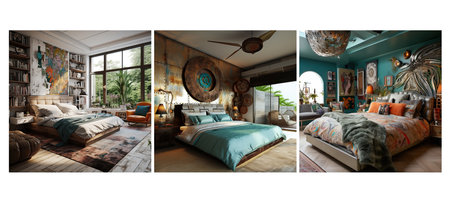 style eclectic bedroom interior design ai generated. mix-and-match diverse, unique colors, variety personality style eclectic bedroom interior design illustrationの素材