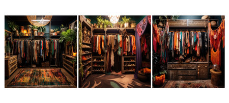 style bohemian walk in closet interior design ai generated. boho free-spirited, vibrant colors, patterns textiles style bohemian walk in closet interior design illustrationの素材