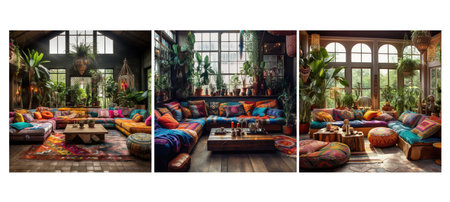 eclectic bohemian living room interior design ai generated. free-spirited colors, patterns textiles, plants natural eclectic bohemian living room interior design illustrationの素材