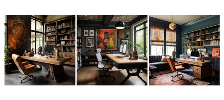 decor eclectic home office interior design ai generated. style mix-and-match, diverse unique, colors variety decor eclectic home office interior design illustrationの素材