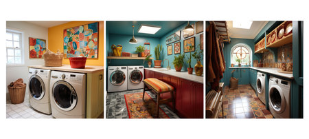mix-and-match eclectic laundry room interior design ai generated. diverse unique, colors variety, personality fusion mix-and-match eclectic laundry room interior design illustrationの素材