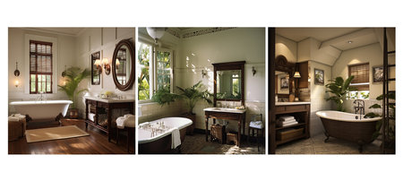 decor british colonial bathroom interior design ai generated. style vintage, elegant classic, colors wooden decor british colonial bathroom interior design illustrationの素材