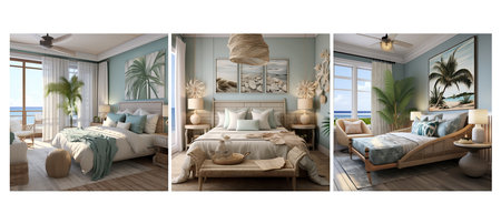 ocean-inspired coastal guest room interior design ai generated. relaxed natural, elements textures, maritime nautical ocean-inspired coastal guest room interior design illustrationの素材