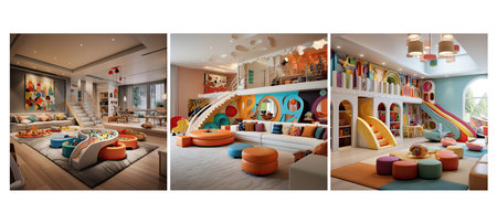 style contemporary playroom interior design ai generated. modern clean, lines minimalist, neutral colors style contemporary playroom interior design illustrationの素材