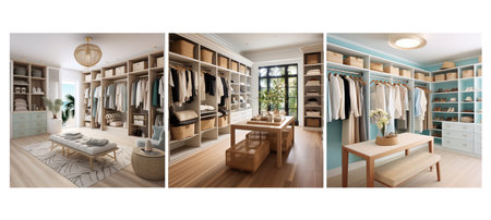 style coastal walk in closet interior design ai generated. beachy relaxed, colors natural, elements textures style coastal walk in closet interior design illustrationの素材