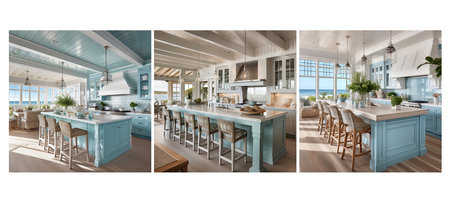style coastal kitchen interior design ai generated. beachy ocean-inspired, relaxed natural, elements textures style coastal kitchen interior design illustrationの素材