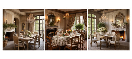 rustic french country dining room interior design ai generated. charm elegance, natural colors, distressed finishes rustic french country dining room interior design illustrationの素材