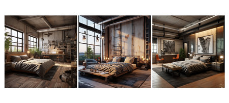 materials industrial guest room interior design ai generated. exposed metal, accents concrete, rustic utilitarian materials industrial guest room interior design illustrationの素材