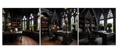 decor gothic home office interior design ai generated. style dark dramatic architecture details black decor gothic home office interior design illustrationの素材