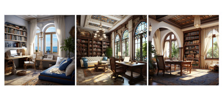 warm mediterranean study room interior design ai generated. colors wooden, built-in shelves, cozy textiles warm mediterranean study room interior design illustrationの素材