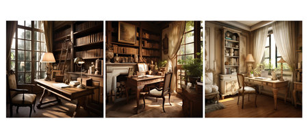 rustic french country study room interior design ai generated. charm elegance, natural colors, distressed finishes rustic french country study room interior design illustrationの素材