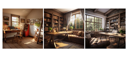 rustic farmhouse study room interior design ai generated. country cozy, charm natural, colors distressed rustic farmhouse study room interior design illustrationの素材