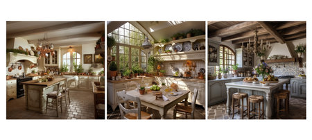 style french country kitchen interior design ai generated. rustic charm, elegance natural, colors distressed style french country kitchen interior design illustrationの素材