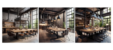raw industrial dining room interior design ai generated. materials exposed, metal accents, concrete rustic raw industrial dining room interior design illustrationの素材