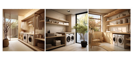 minimalism japanese zen laundry room interior design ai generated. tranquility natural, neutral colors, simple storage minimalism japanese zen laundry room interior design illustrationの素材
