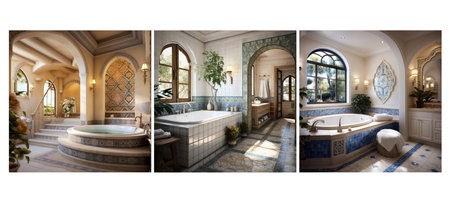 decor mediterranean bathroom interior design ai generated. style warm, colors mosaic, arches wrought decor mediterranean bathroom interior design illustrationの素材