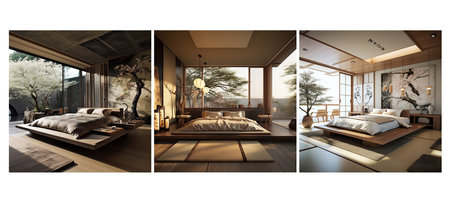 style japanese zen bedroom interior design ai generated. minimalism tranquility, natural neutral, colors tatami style japanese zen bedroom interior design illustrationの素材