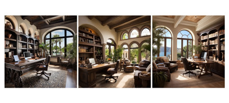 decor mediterranean home office interior design ai generated. style warm, colors wooden, built-in shelves decor mediterranean home office interior design illustrationの素材