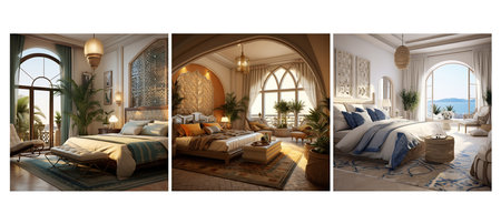 colors mediterranean guest room interior design ai generated. tile wrought, iron rustic, furniture cozy colors mediterranean guest room interior design illustrationの素材
