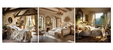 style french country bedroom interior design ai generated. rustic charm, elegance natural, colors distressed style french country bedroom interior design illustrationの素材