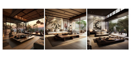 tranquility japanese zen living room interior design ai generated. natural neutral, colors low, furniture tatami tranquility japanese zen living room interior design illustrationの素材