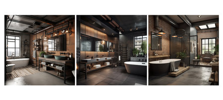 decor industrial bathroom interior design ai generated. style raw, materials exposed, metal accents decor industrial bathroom interior design illustrationの素材