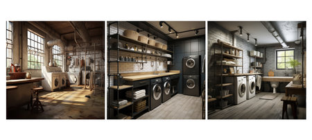 raw industrial laundry room interior design ai generated. materials metal, concrete rustic, utilitarian fixtures raw industrial laundry room interior design illustrationの素材