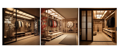 decor japanese zen walk in closet interior design ai generated. style tranquility, natural materials, neutral colors decor japanese zen walk in closet interior design illustrationの素材