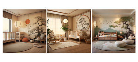 decor japanese zen nursery interior design ai generated. style minimalism, tranquility natural, neutral colors decor japanese zen nursery interior design illustrationの素材