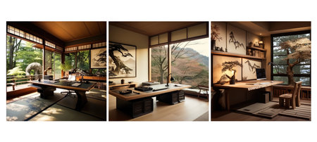 decor japanese zen home office interior design ai generated. style minimalism, tranquility natural, neutral colors decor japanese zen home office interior design illustrationの素材