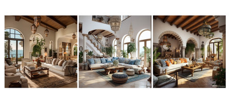 colors mediterranean living room interior design ai generated. textured tile, flooring wooden, furniture arched colors mediterranean living room interior design illustrationの素材