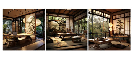 minimalism japanese zen study room interior design ai generated. tranquility natural, neutral colors, clean lines minimalism japanese zen study room interior design illustrationの素材