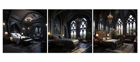 dramatic gothic guest room interior design ai generated. architecture details, black elegant, vintage atmosphere dramatic gothic guest room interior design illustrationの素材