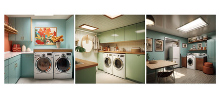 retro mid century modern laundry room interior design ai generated. functional layout, storage neutral, colors practical retro mid century modern laundry room interior design illustrationの素材