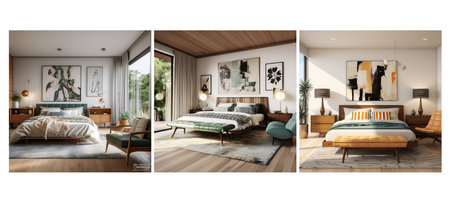retro mid century modern bedroom interior design ai generated. clean lines, natural iconic, furniture neutral retro mid century modern bedroom interior design illustrationの素材