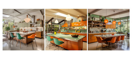 retro mid century modern kitchen interior design ai generated. clean lines, wooden functional, layout pops retro mid century modern kitchen interior design illustrationの素材