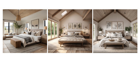 rustic modern farmhouse bedroom interior design ai generated. contemporary neutral, colors wood, cozy comfortable rustic modern farmhouse bedroom interior design illustrationの素材