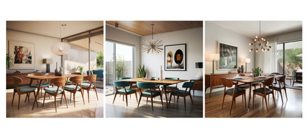 retro mid century modern dining room interior design ai generated. iconic furniture, lines wooden, elements geometric retro mid century modern dining room interior design illustrationの素材
