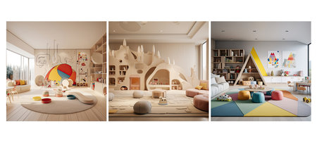 wall minimalist playroom interior design ai generated. apartment modern, floor furniture, contemporary background wall minimalist playroom interior design illustrationの素材