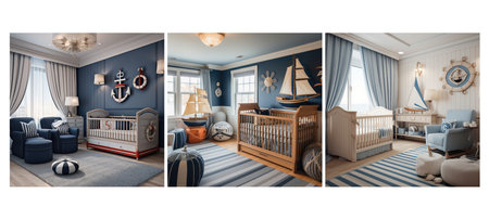 and nautical nursery interior design ai generated. white natural, textures accents, baby-friendly coastal and nautical nursery interior design illustrationの素材