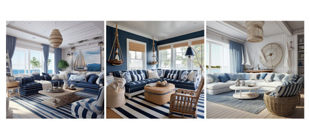 blue nautical living room interior design ai generated. and white, natural textures, motifs coastal blue nautical living room interior design illustrationの素材