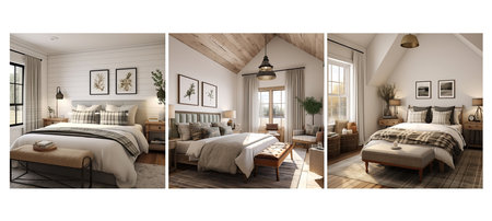 contemporary farmhouse guest room interior design ai generated. neutral sink, open shelving, functional warm contemporary modern farmhouse guest room interior design illustrationの素材